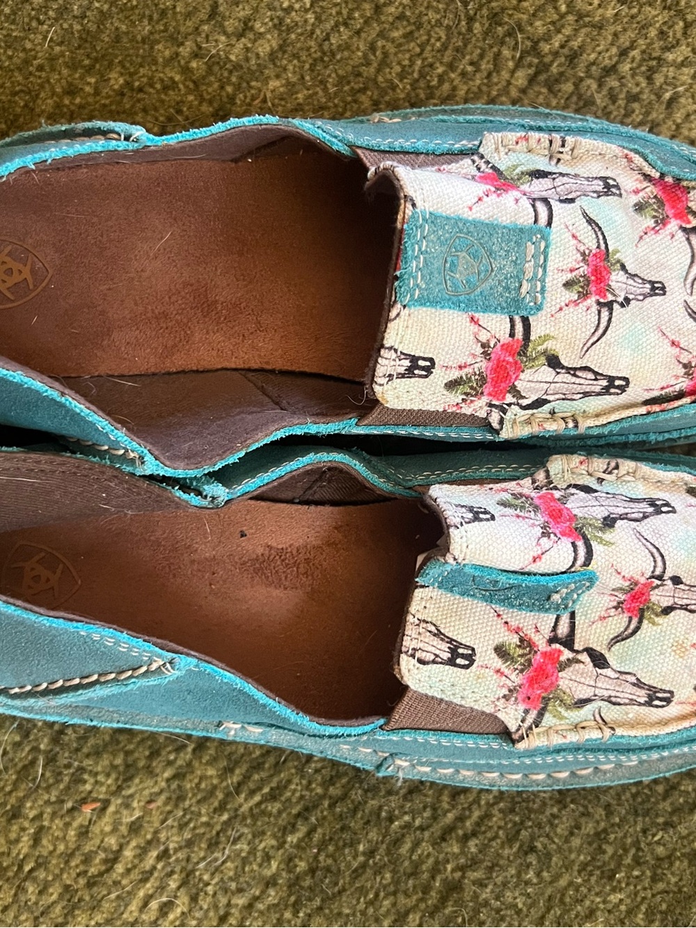 Ariat Teal Slip-On Loafers with Floral and Cow skull Canvas Accent